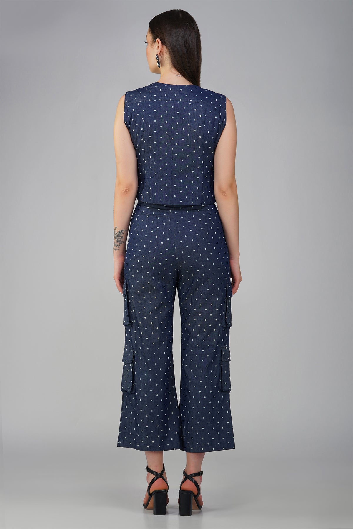 Polka Dot Denim Waist Coat With Cargo Pants