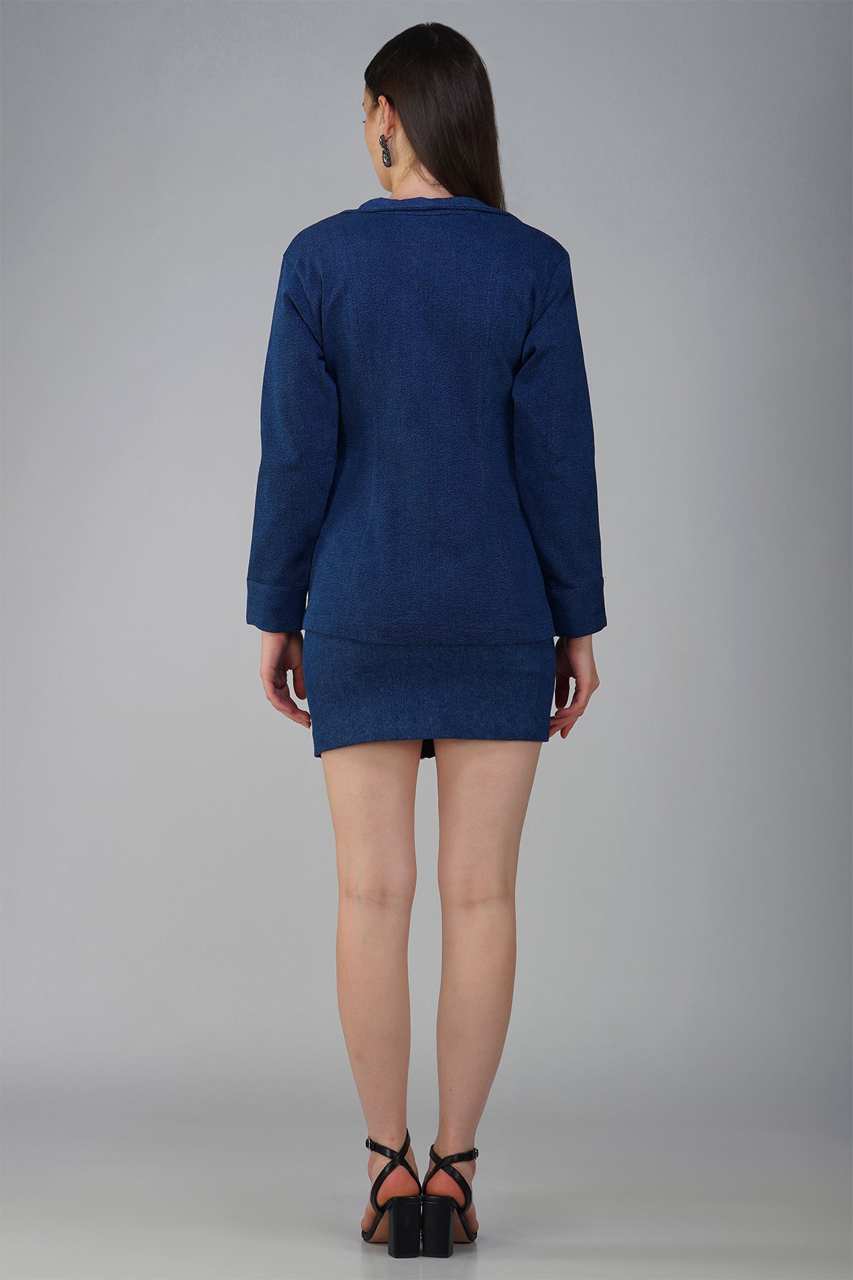 Indigo Denim Blazer With Height Waist Side Zip Short Skirt