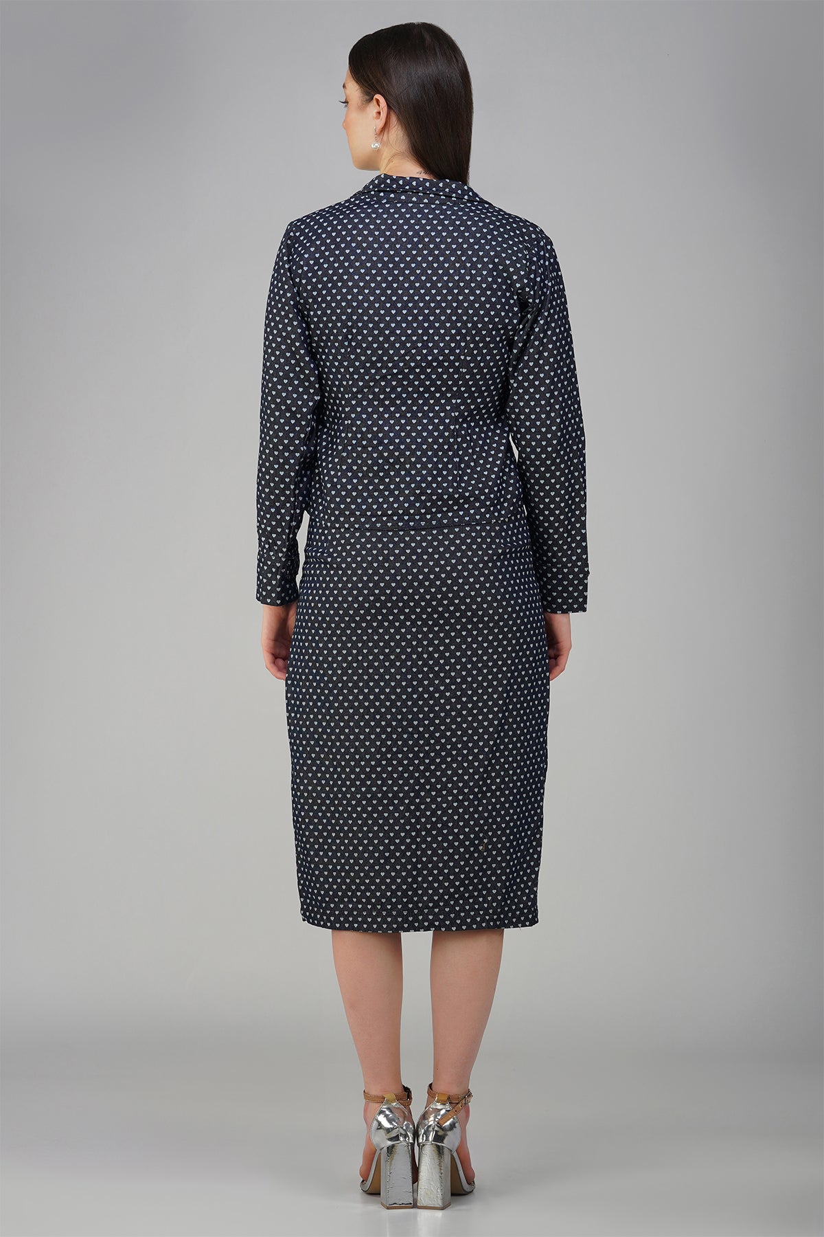 Heart Shaped Printed Navy Blue Short Blazer With High Slit Midi Skirt