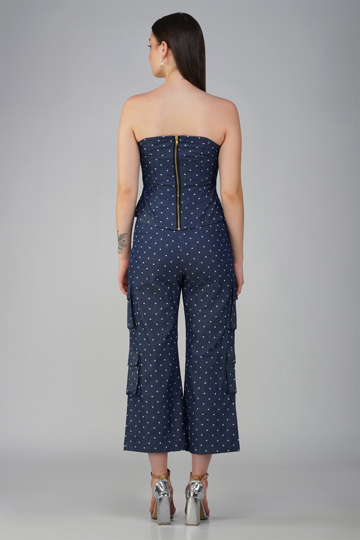 Polka Dot Navy Blue Denim Bustier With Cargo Pants