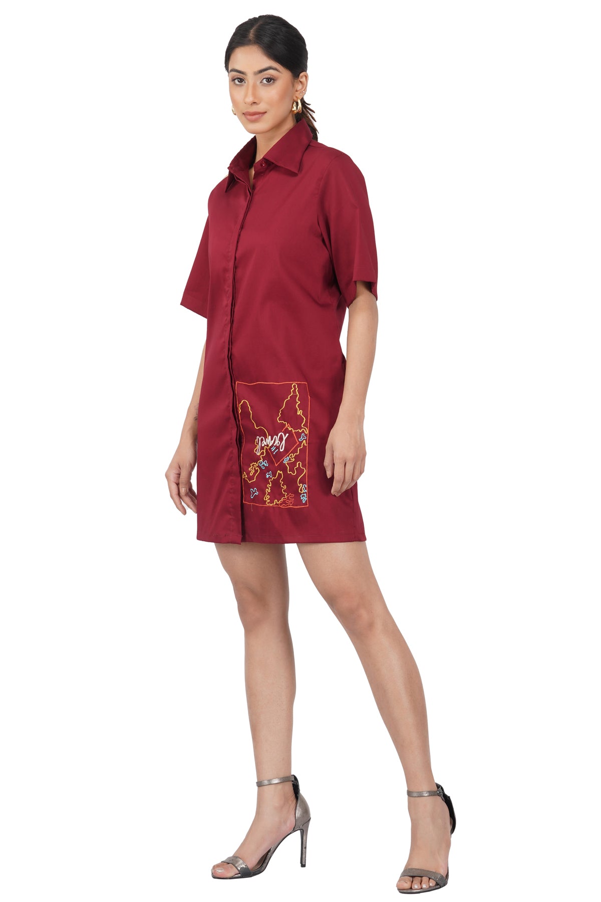 World Map Shirt Dress With Asymmetric Sleeves