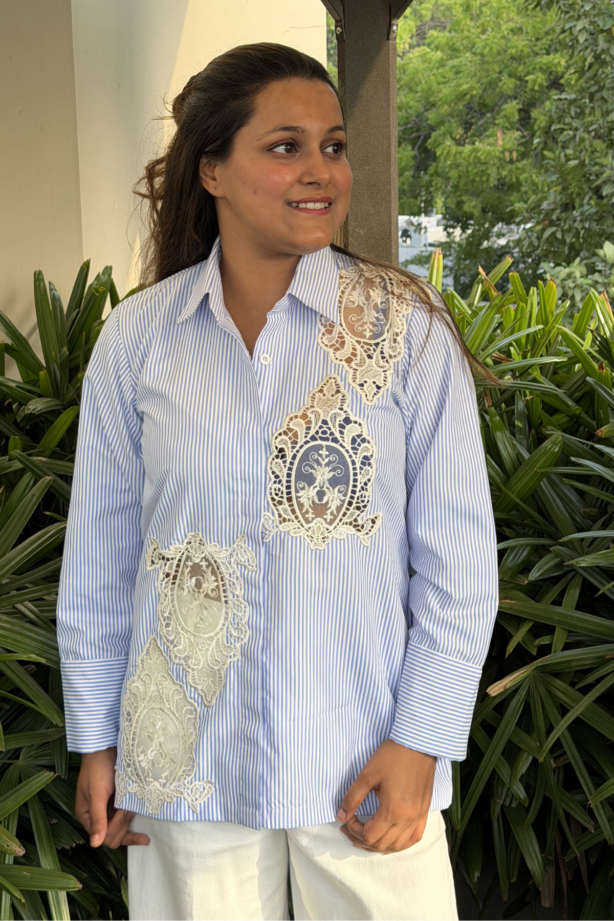 Blue Striped Crochet Shirt