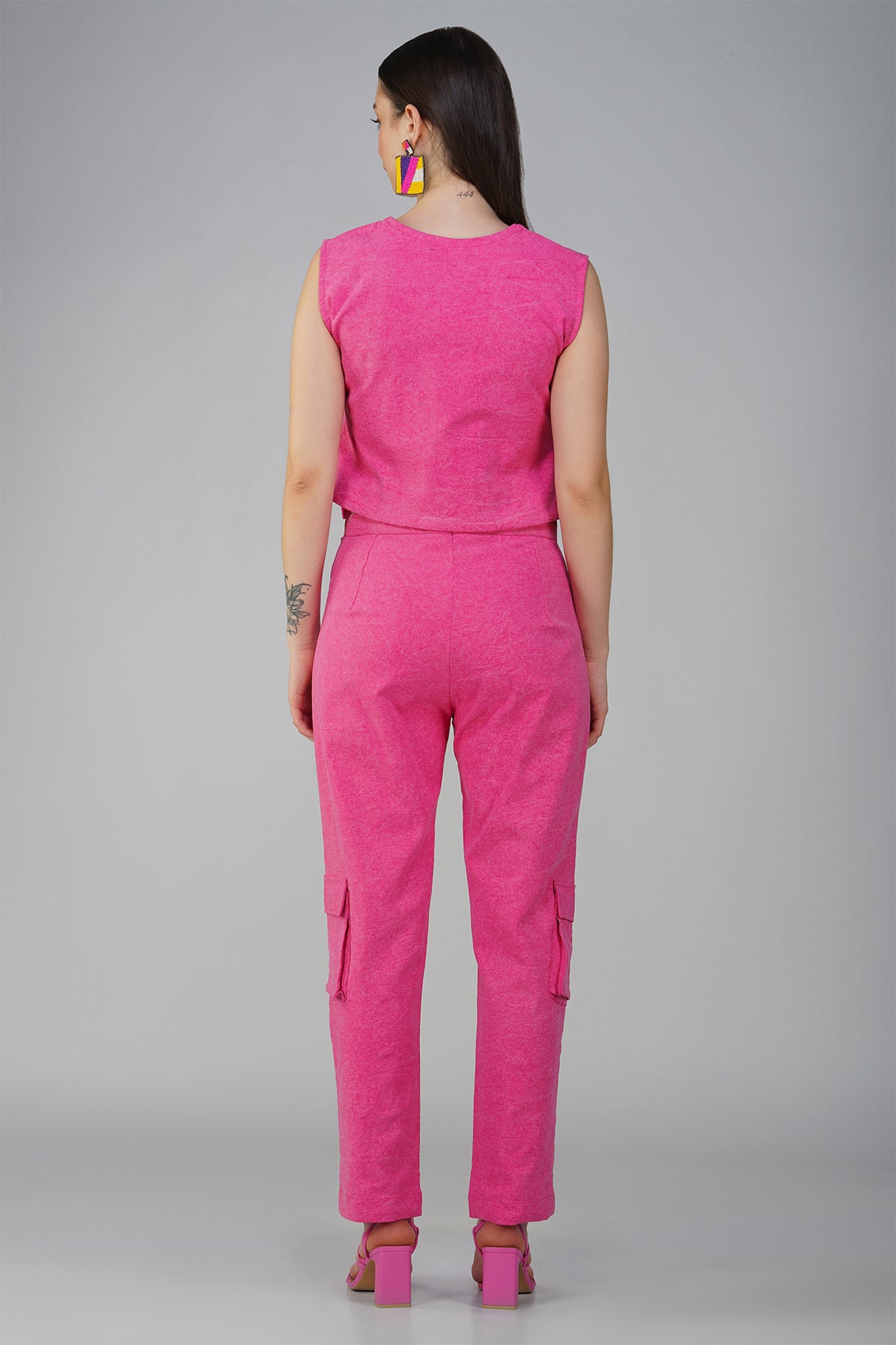 Hot Pink Denim Cargo Waistcoat With Heart Cutout Cargo Pants