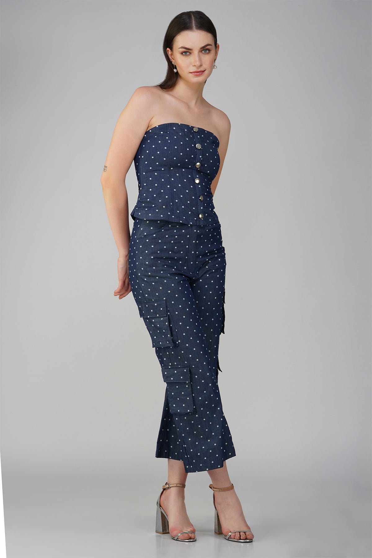 Polka Dot Navy Blue Denim Bustier With Cargo Pants