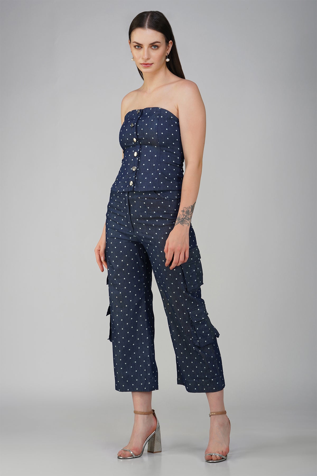 Polka Dot Navy Blue Denim Bustier With Cargo Pants