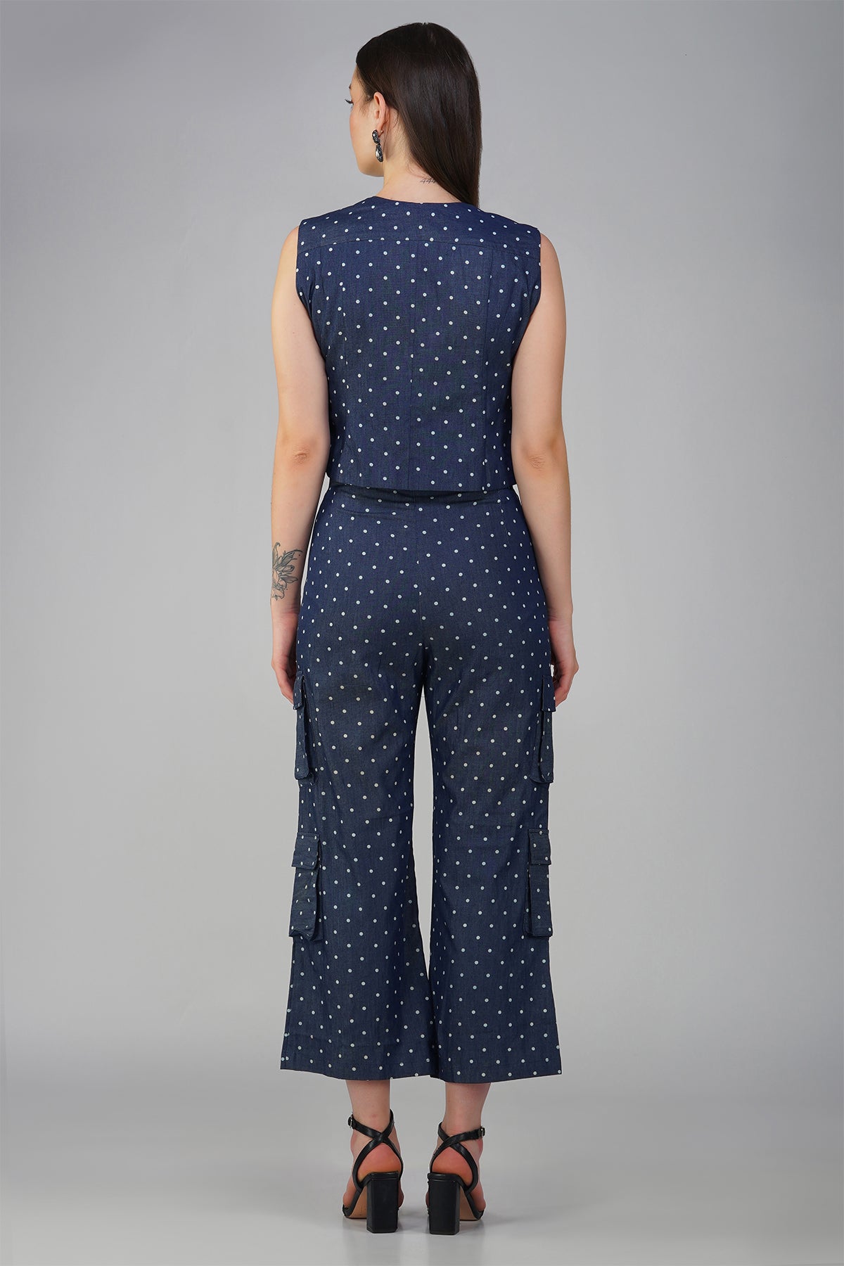 Polka Dot Denim Waist Coat With Cargo Pants