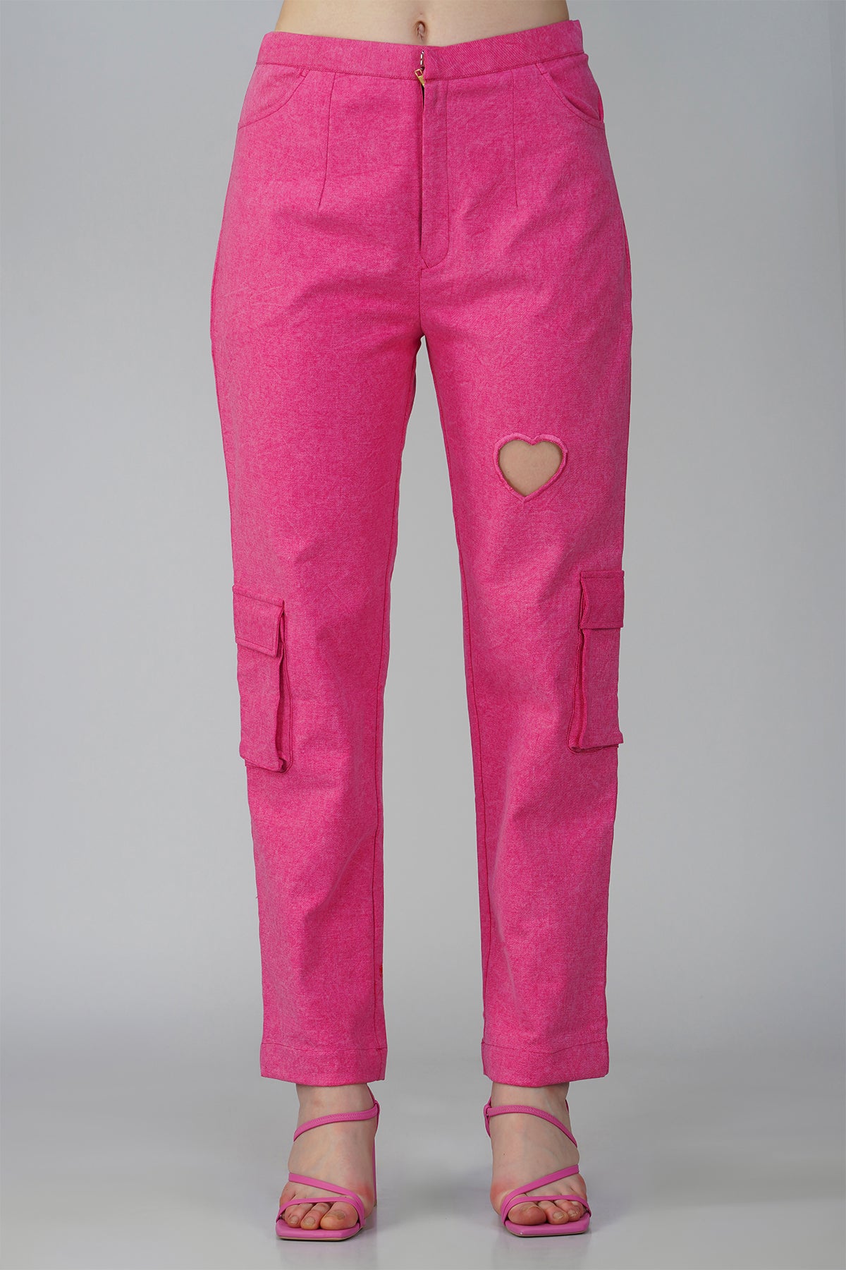 Hot Pink Denim Cargo Waistcoat With Heart Cutout Cargo Pants