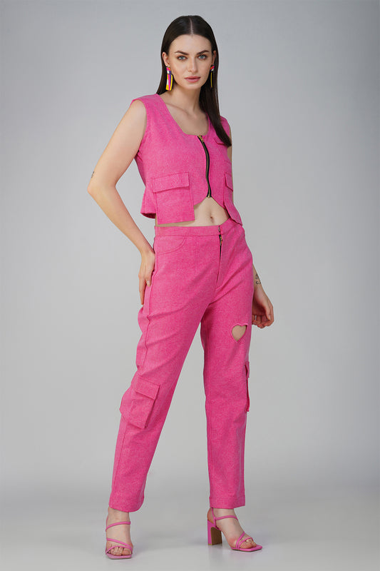 Hot Pink Denim Cargo Waistcoat With Heart Cutout Cargo Pants