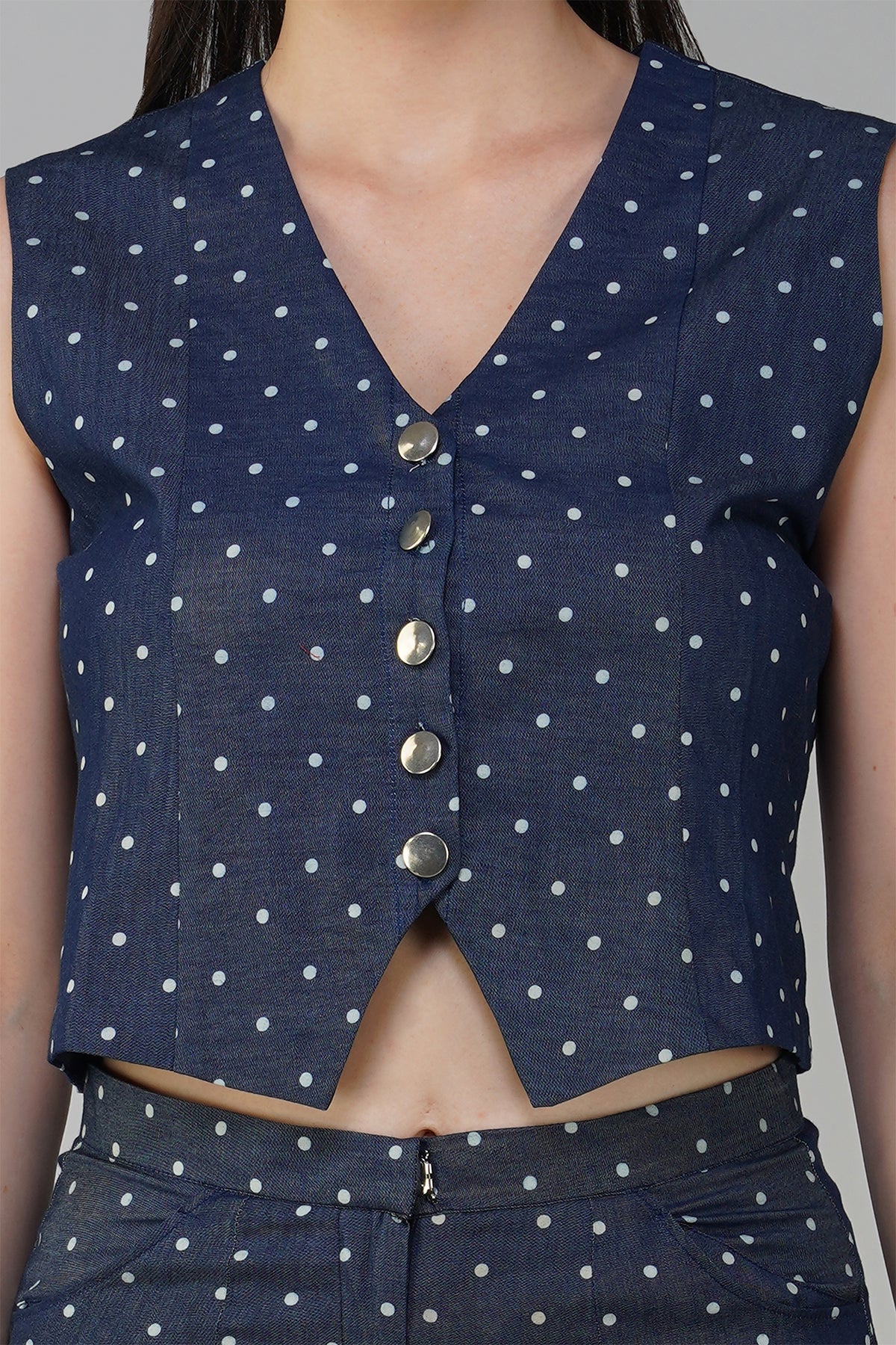 Polka Dot Denim Waist Coat With Cargo Pants