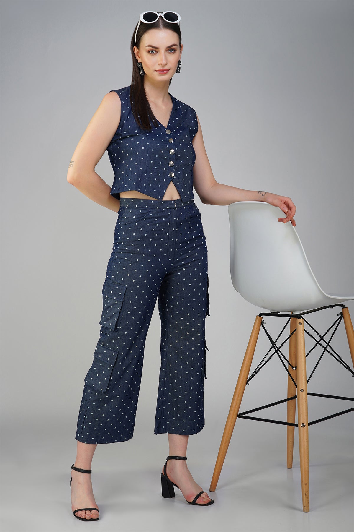 Polka Dot Denim Waist Coat With Cargo Pants