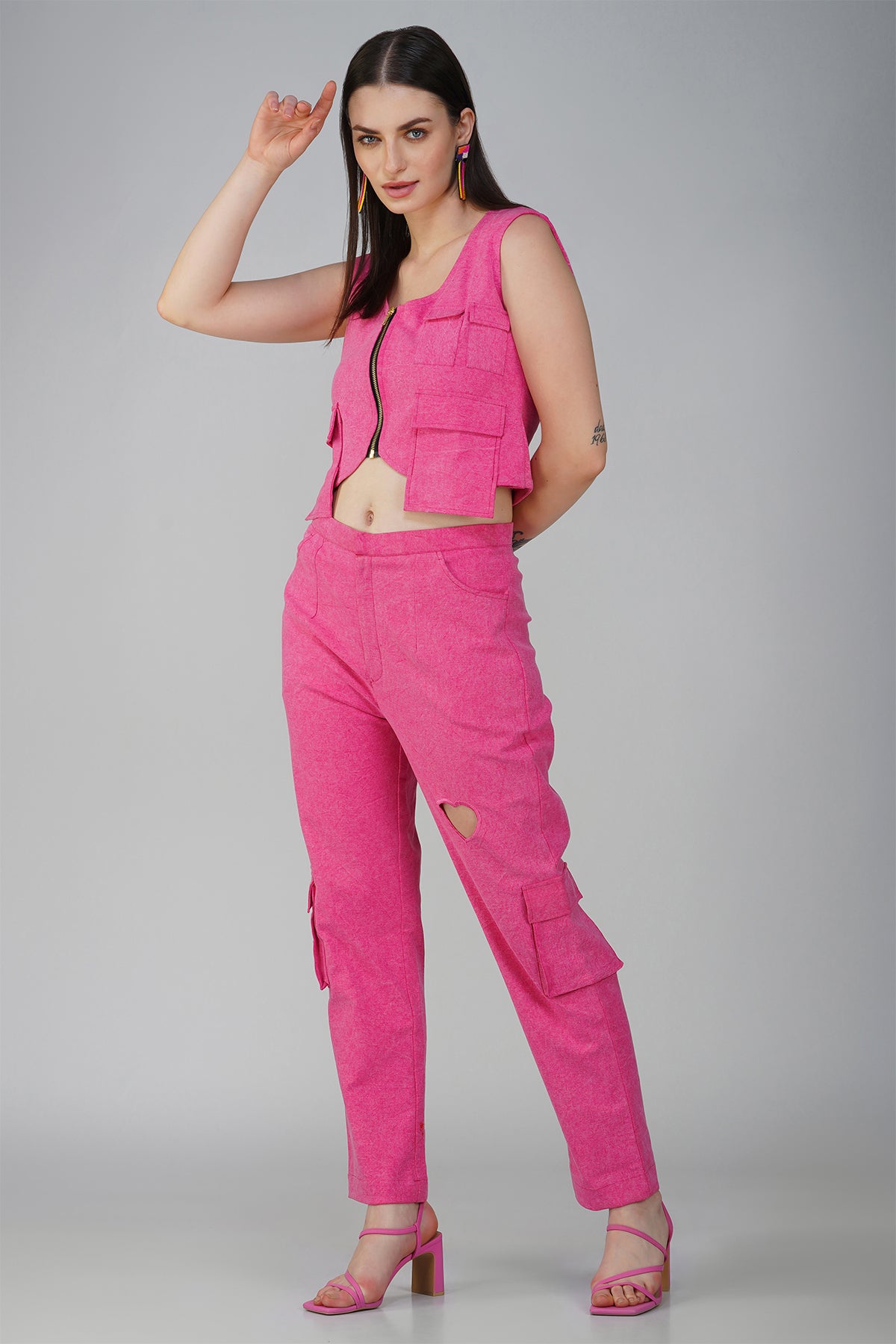 Hot Pink Denim Cargo Waistcoat With Heart Cutout Cargo Pants