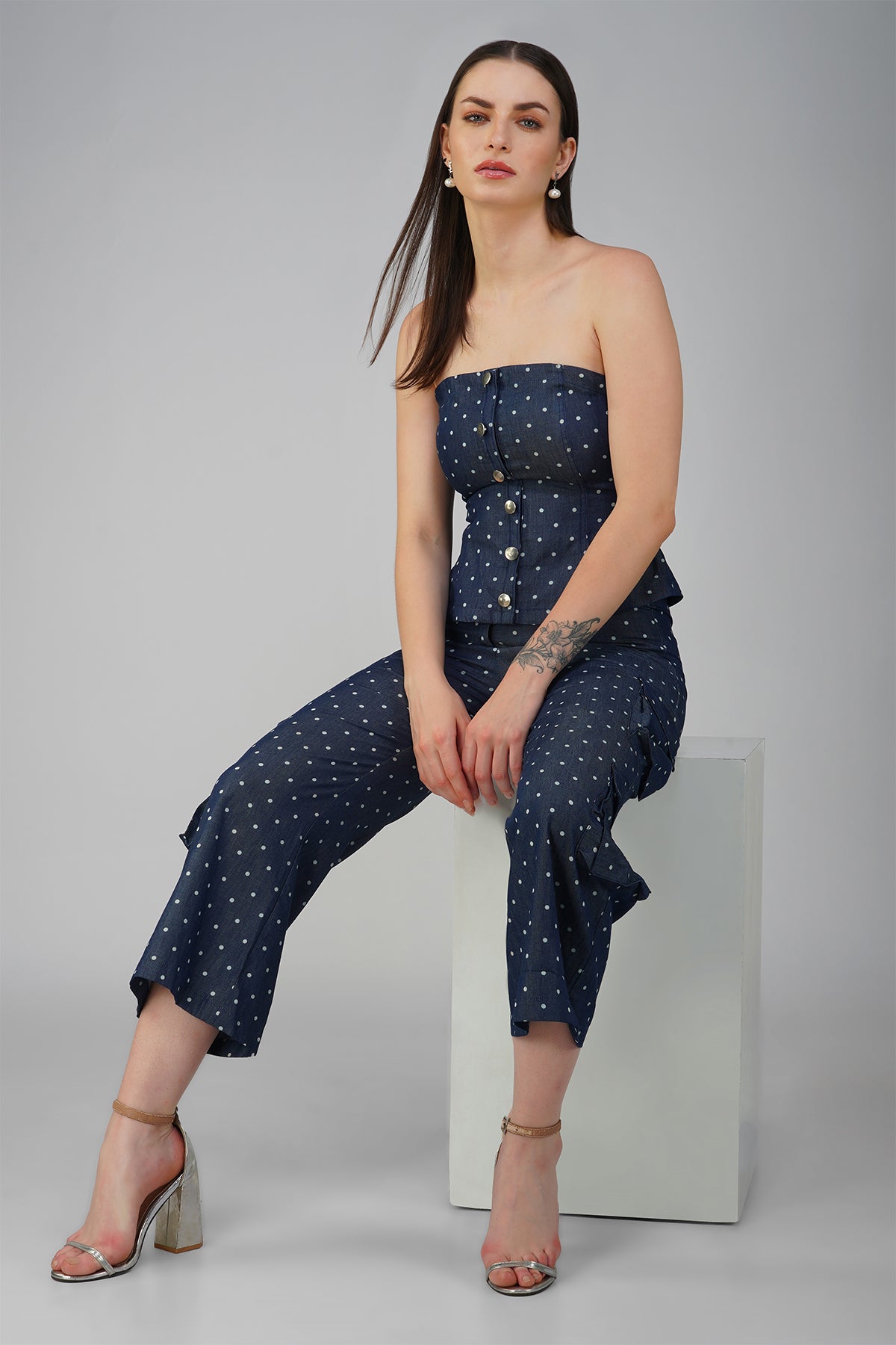 Polka Dot Navy Blue Denim Bustier With Cargo Pants