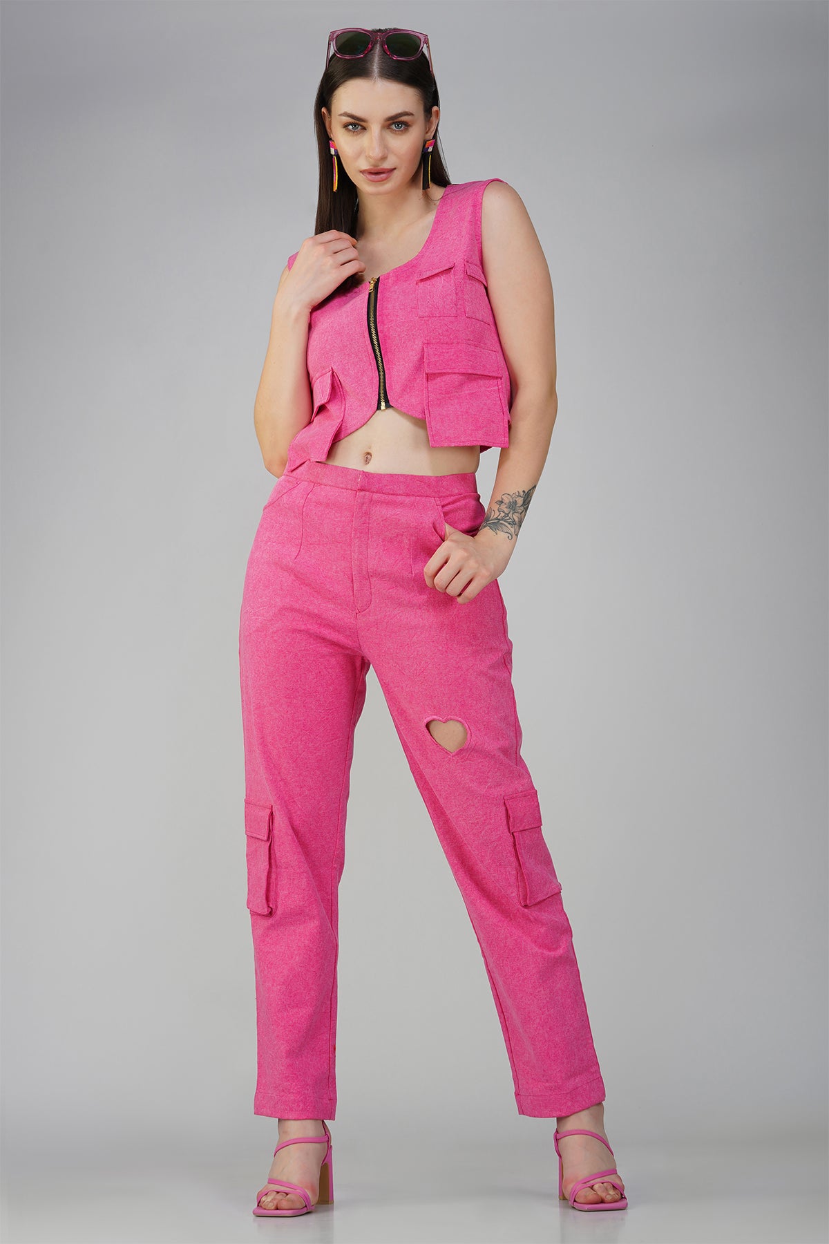 Hot Pink Denim Cargo Waistcoat With Heart Cutout Cargo Pants