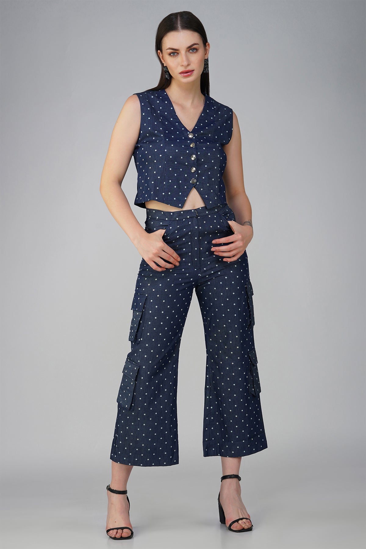 Polka Dot Denim Waist Coat With Cargo Pants