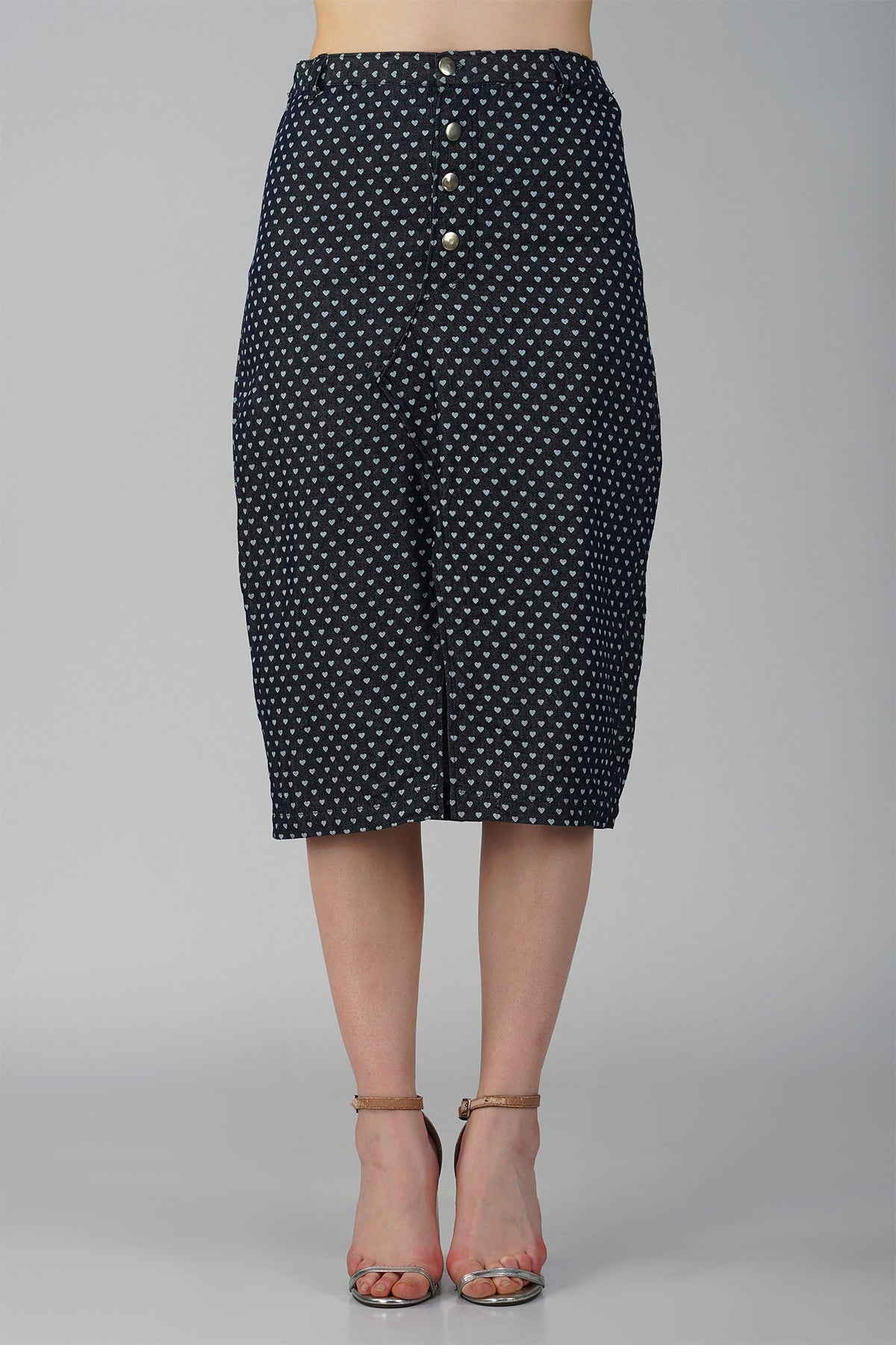 Heart Shaped Printed Navy Blue Short Blazer With High Slit Midi Skirt