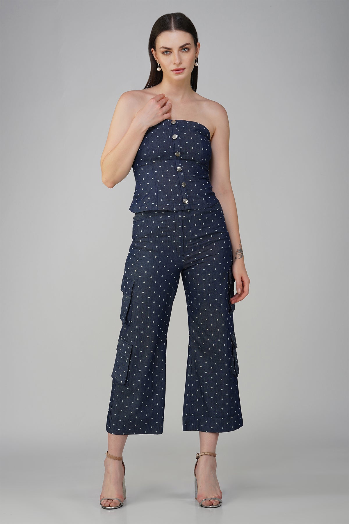 Polka Dot Navy Blue Denim Bustier With Cargo Pants