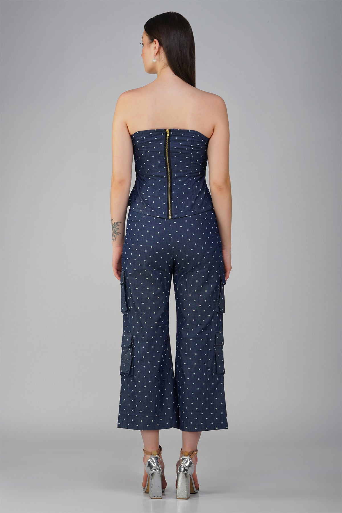 Polka Dot Navy Blue Denim Bustier With Cargo Pants