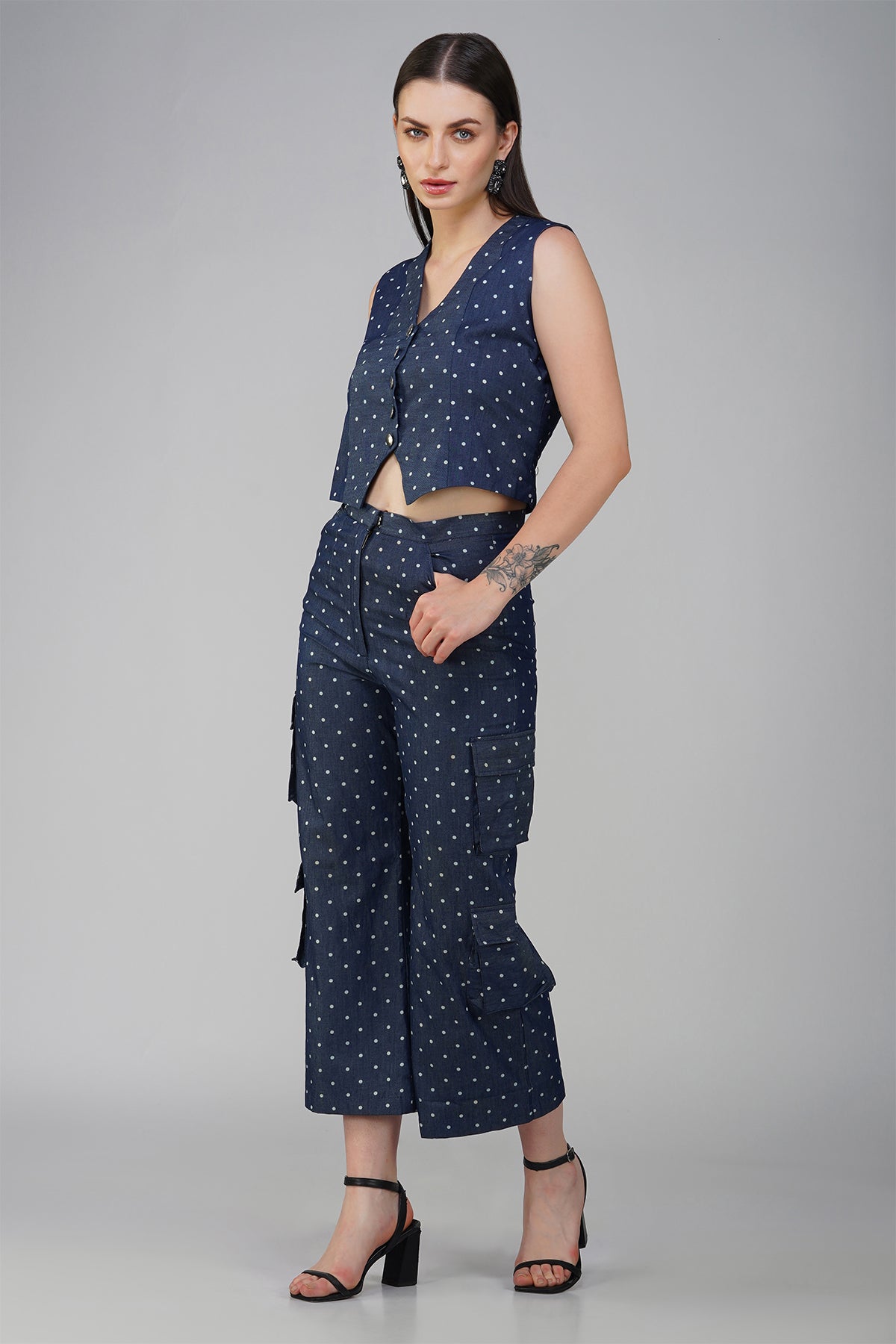 Polka Dot Denim Waist Coat With Cargo Pants