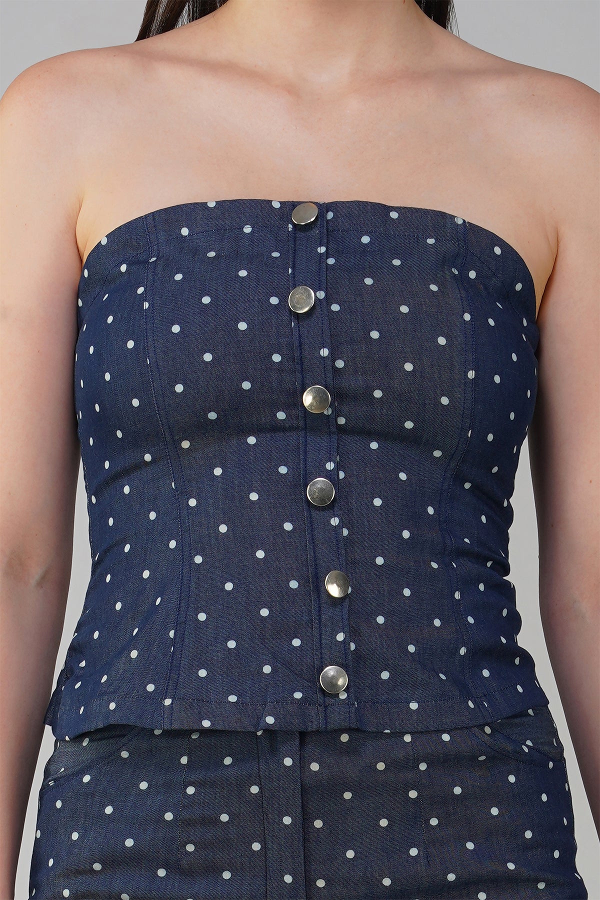 Polka Dot Navy Blue Denim Bustier With Cargo Pants