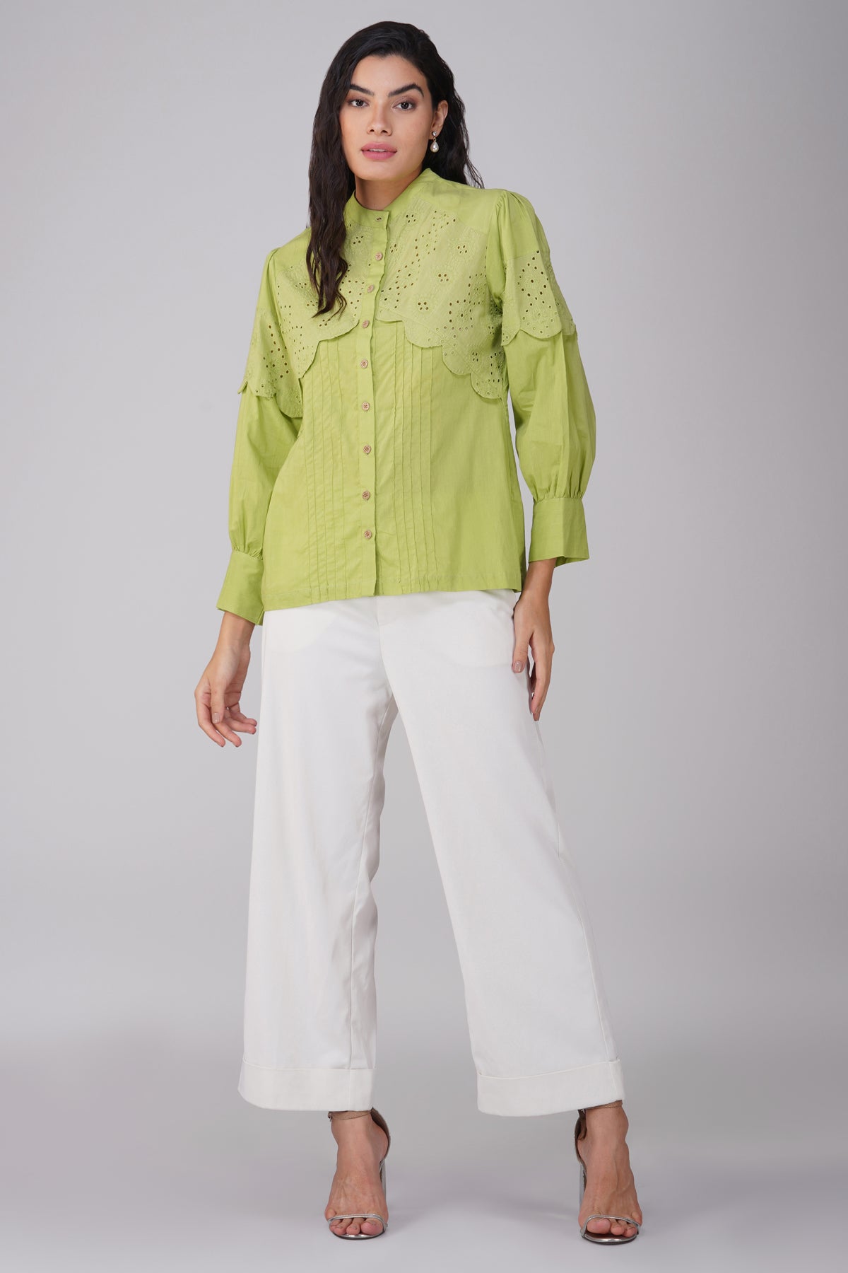 Lime Green Poplin Shirt With Schiffli Yoke