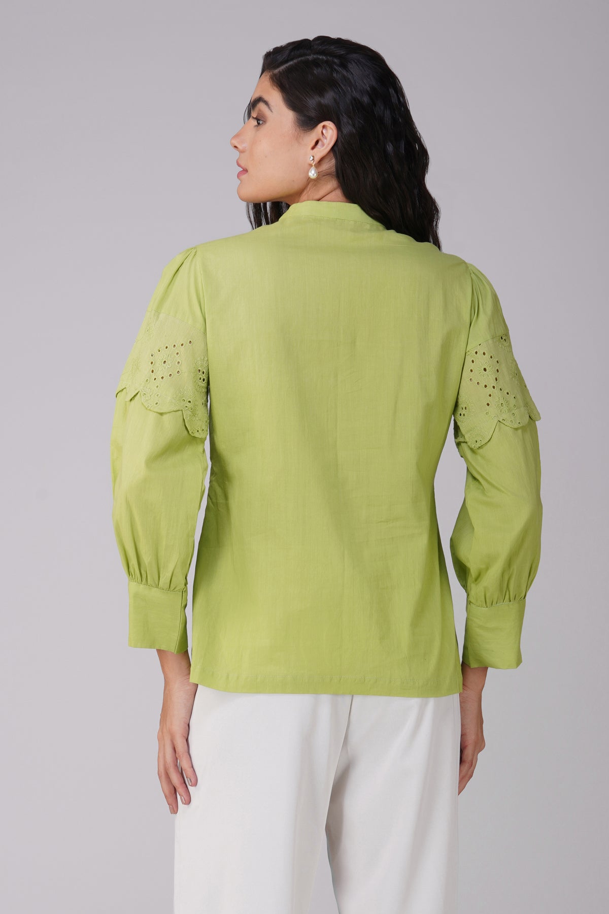 Lime Green Poplin Shirt With Schiffli Yoke