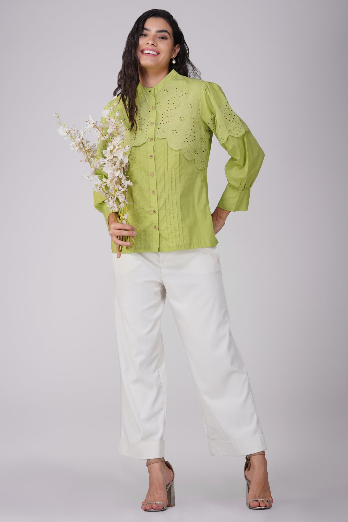 Lime Green Poplin Shirt With Schiffli Yoke