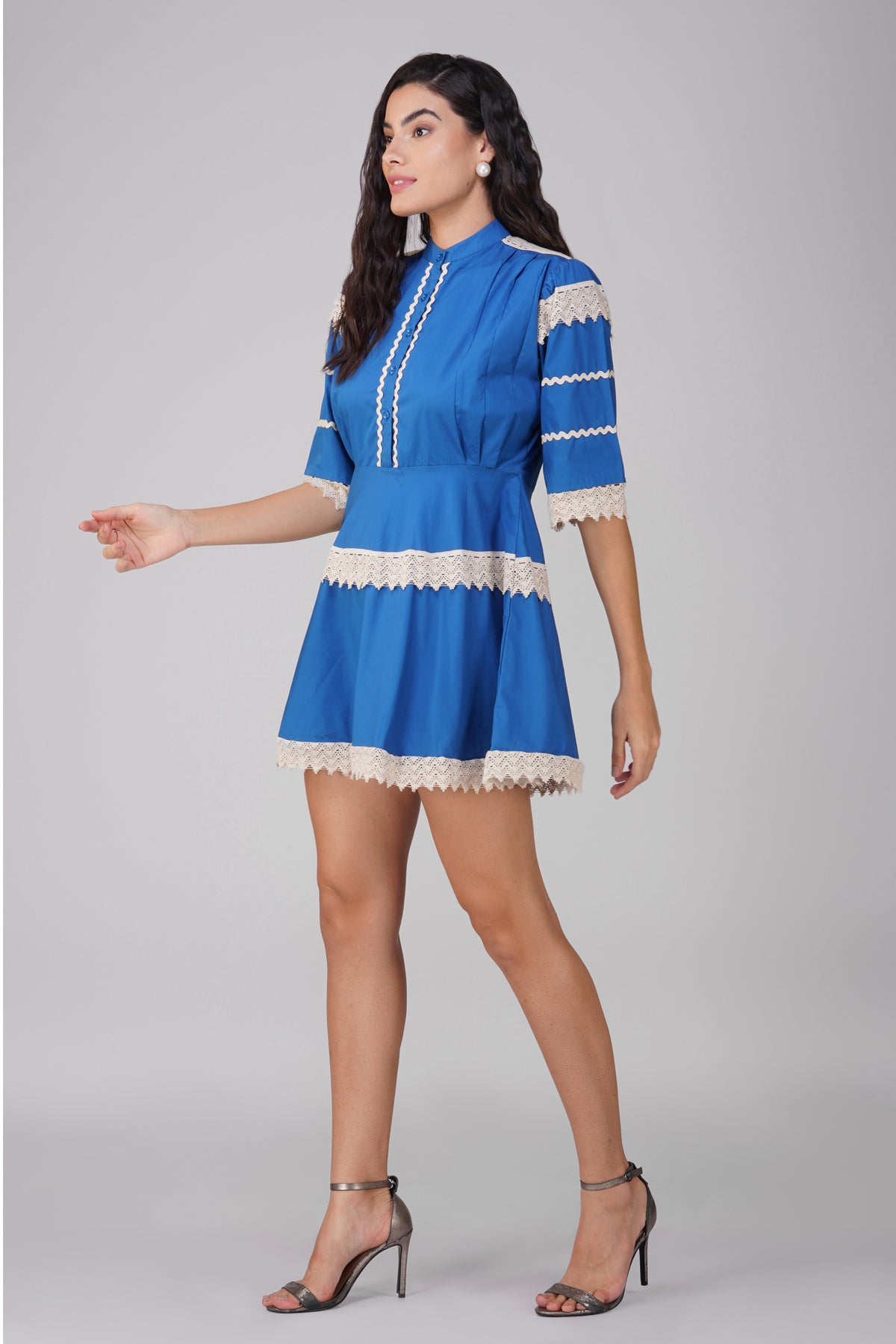 Electric Blue Poplin Dress With Ivory Laced Details