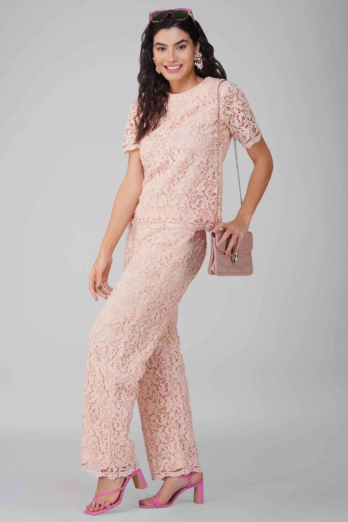 Peach Laced Cutwork Co Ord Set