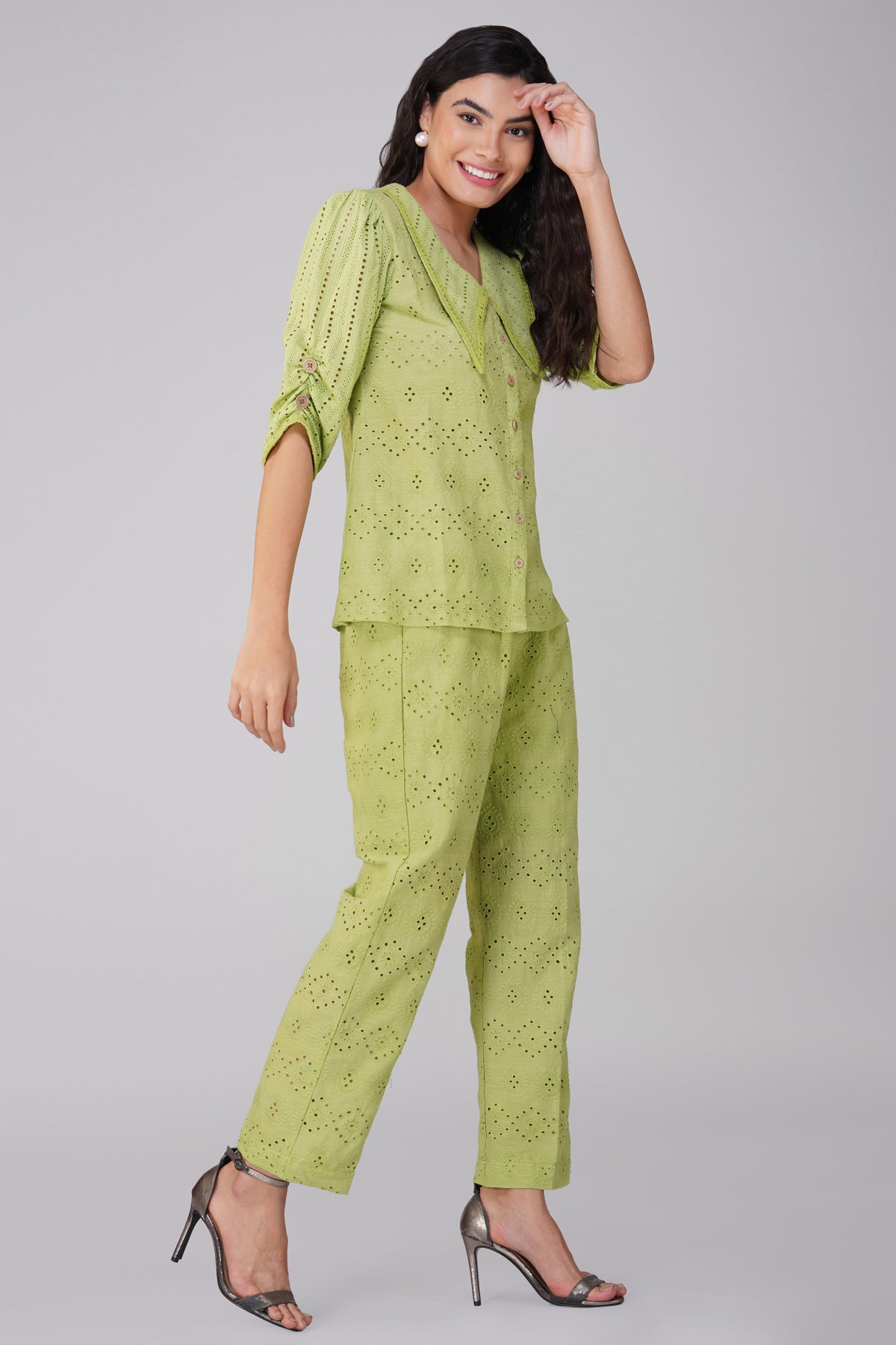 Lime Schiffli Co Ord Set With Peggy Collar And Gathered Sleeves