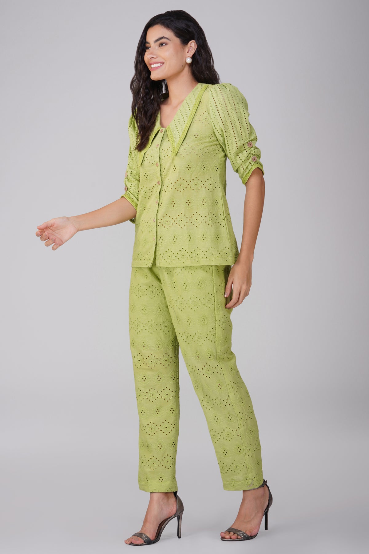 Lime Schiffli Co Ord Set With Peggy Collar And Gathered Sleeves