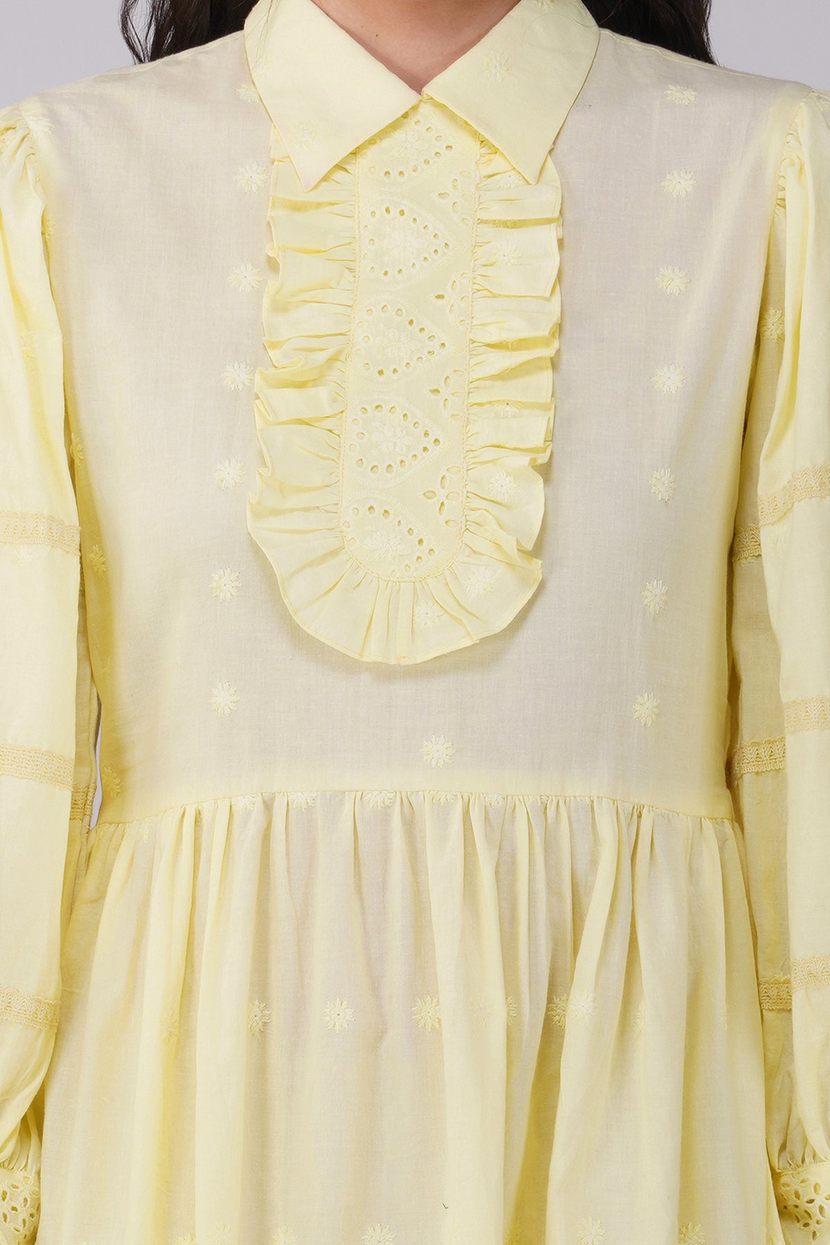 Lemon Schiffli Dress With Yoke And Frilled Neckline