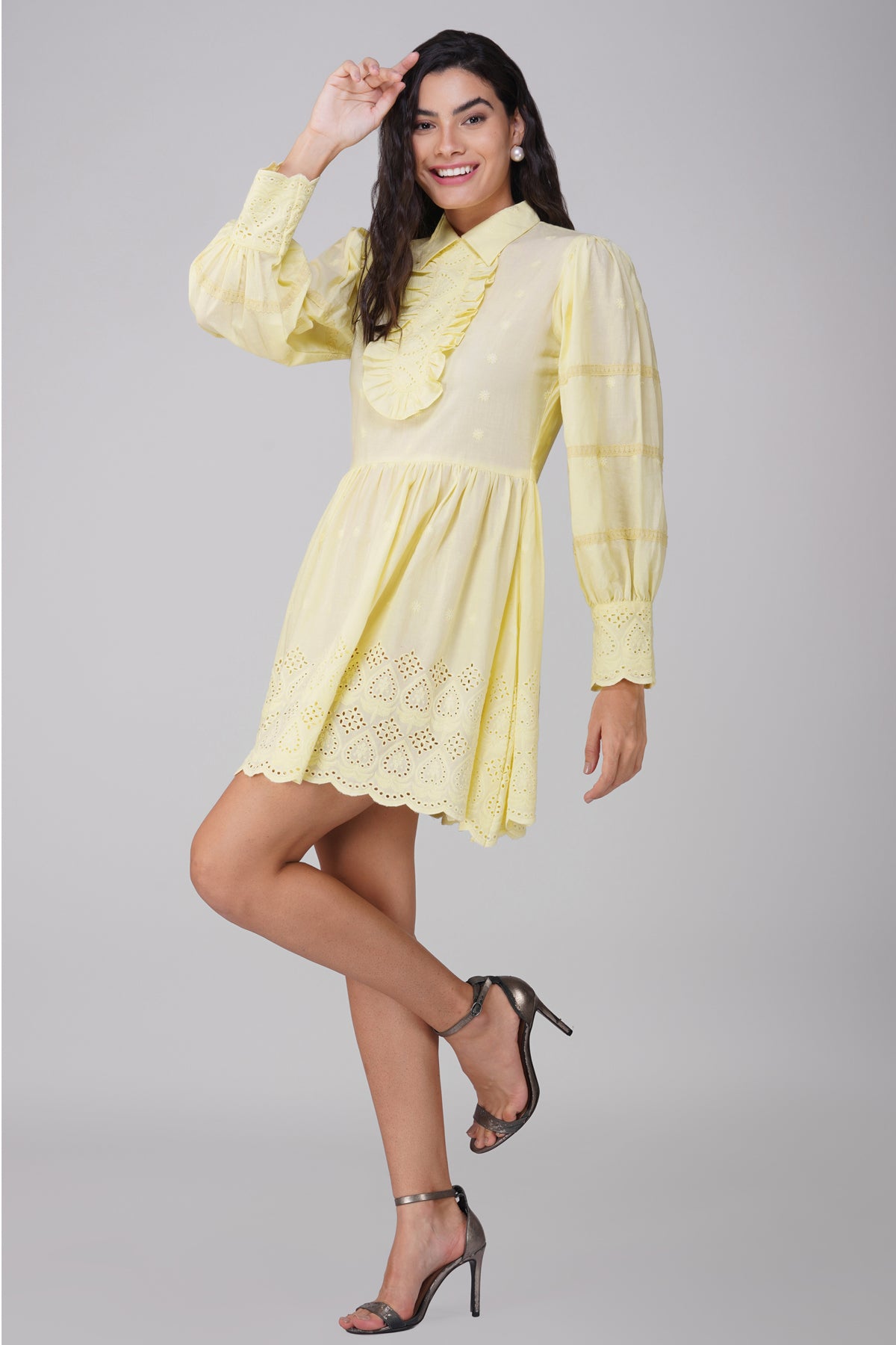 Lemon Schiffli Dress With Yoke And Frilled Neckline