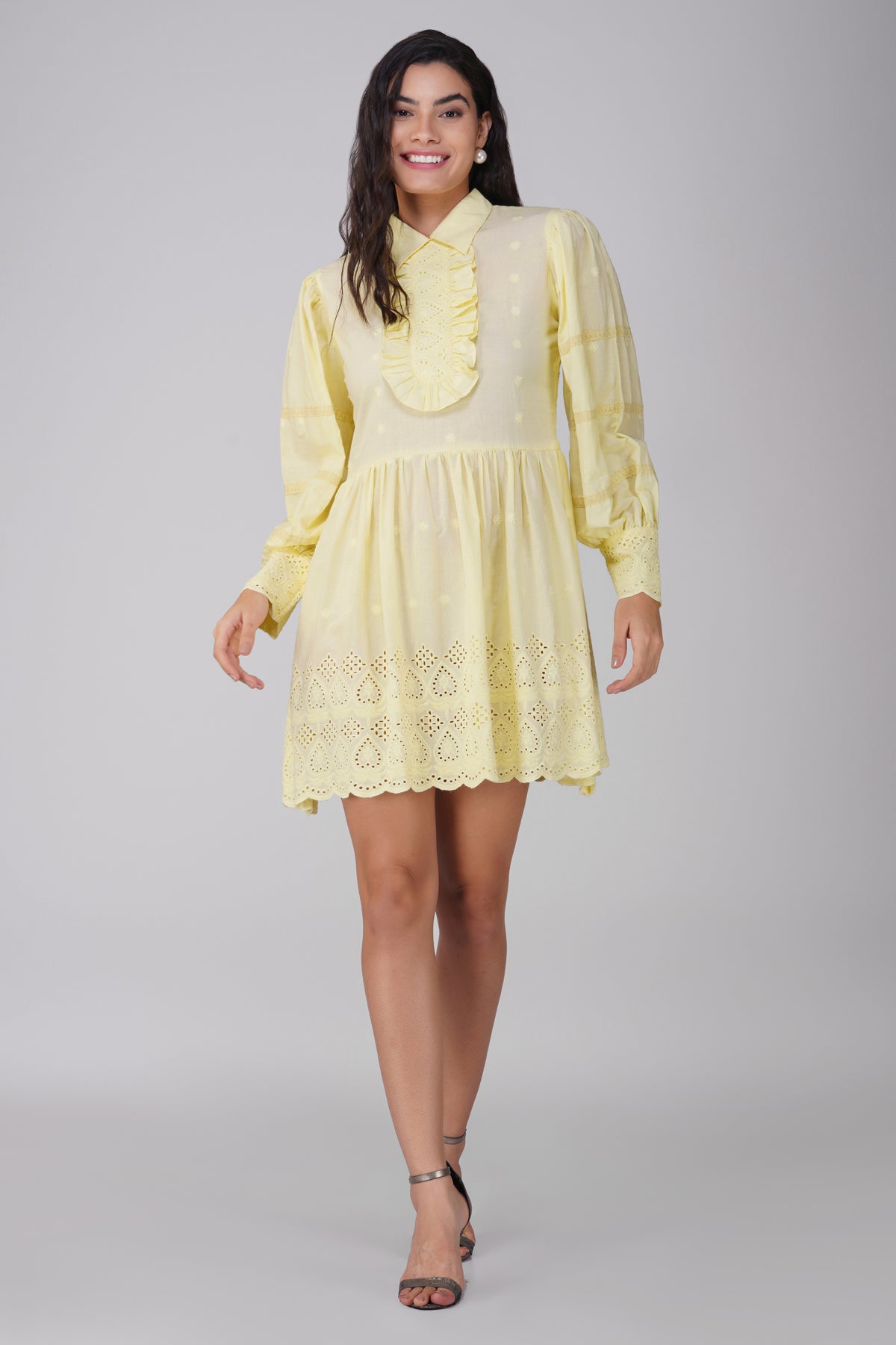 Lemon Schiffli Dress With Yoke And Frilled Neckline