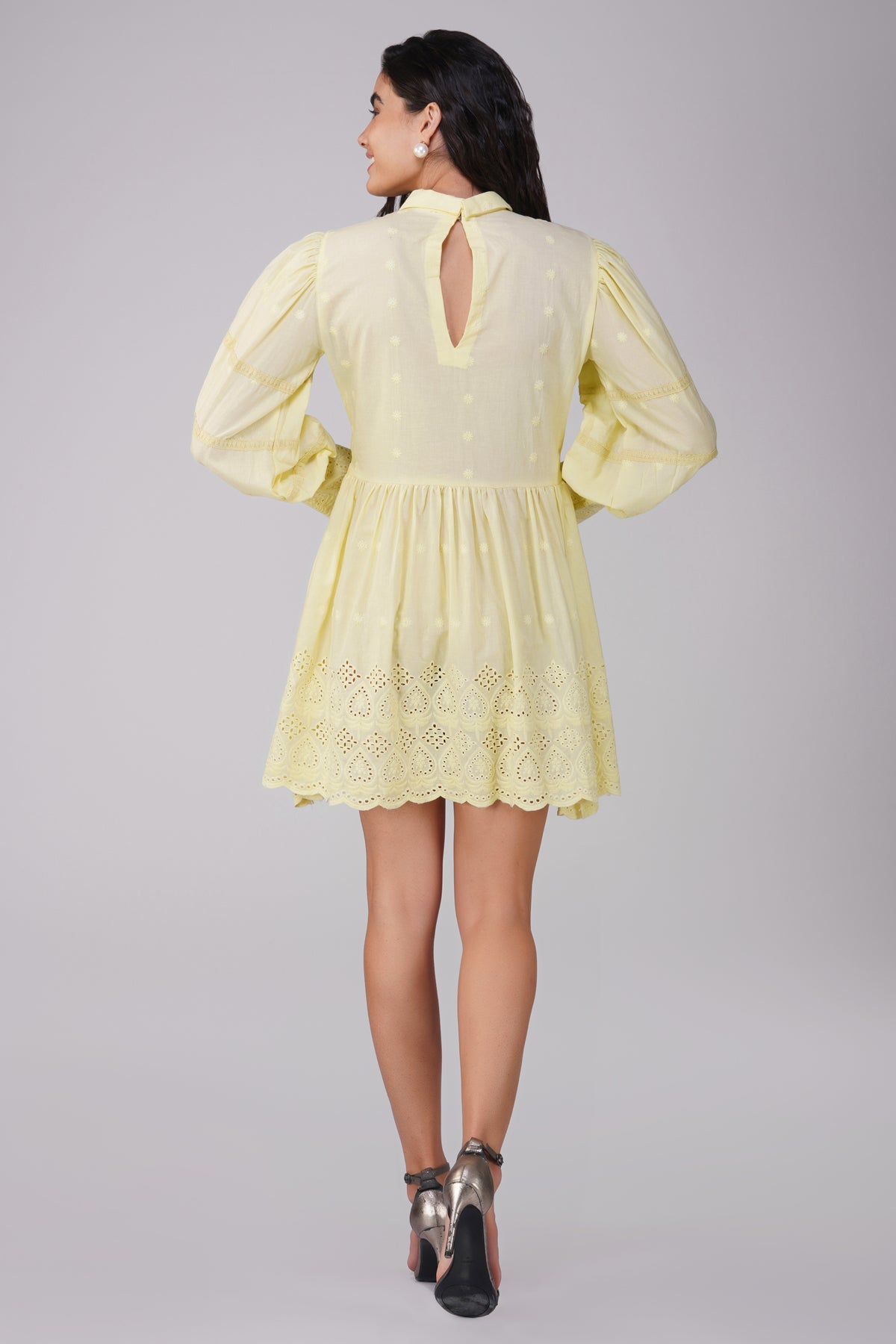 Lemon Schiffli Dress With Yoke And Frilled Neckline