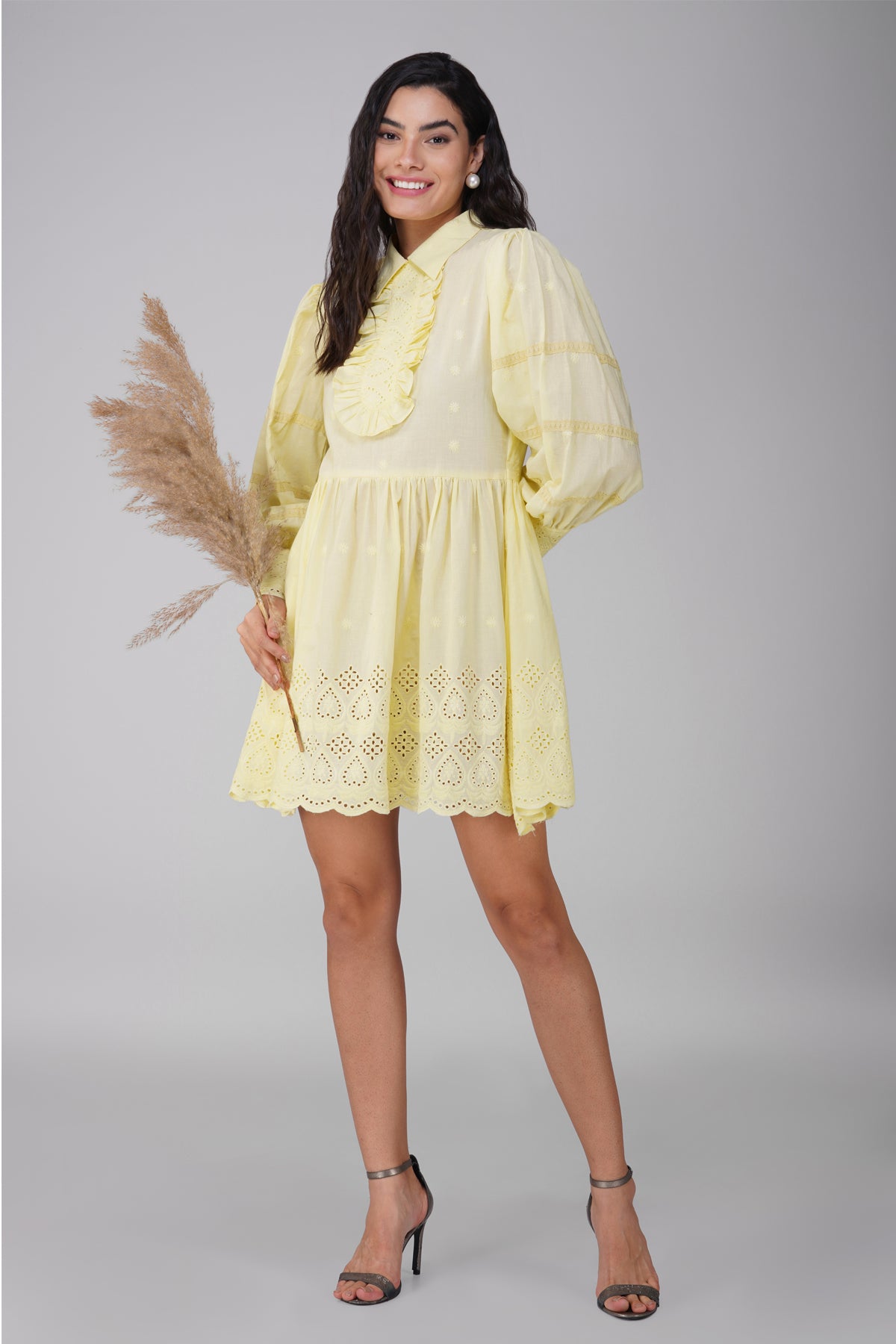 Lemon Schiffli Dress With Yoke And Frilled Neckline