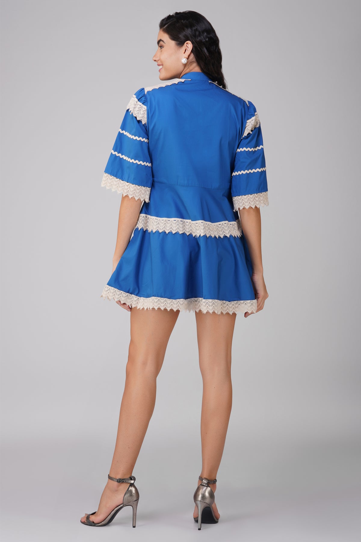 Electric Blue Poplin Dress With Ivory Laced Details