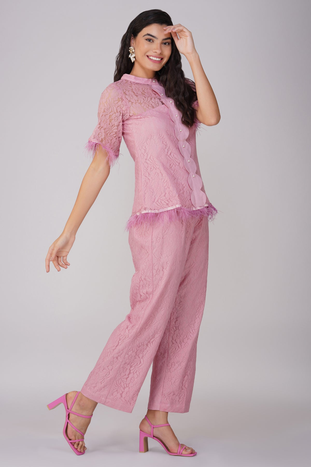 Onion Pink Laced Co Ord Set With Scalloping Detailing And Feathers