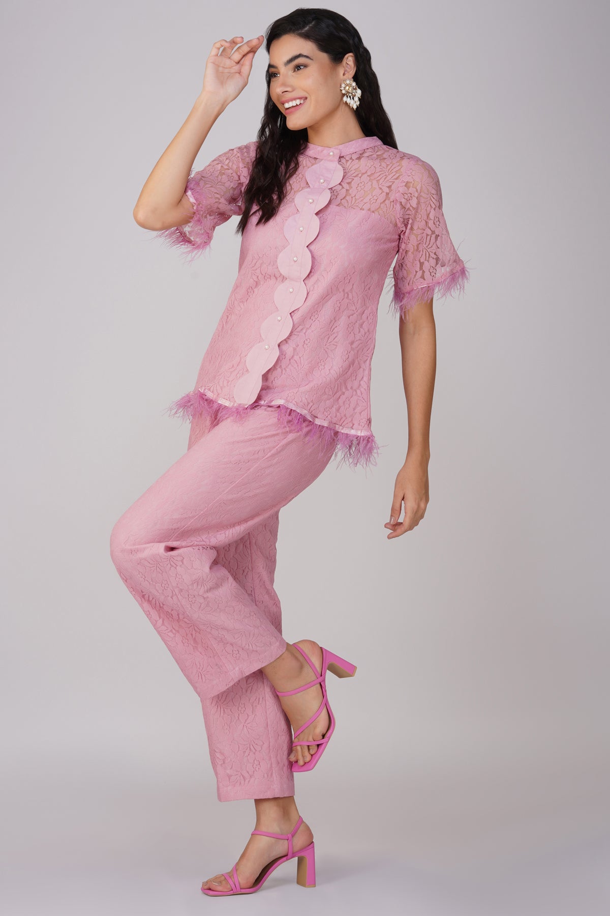 Onion Pink Laced Co Ord Set With Scalloping Detailing And Feathers