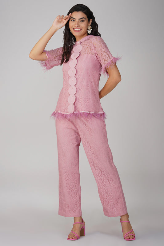 Onion Pink Laced Co Ord Set With Scalloping Detailing And Feathers