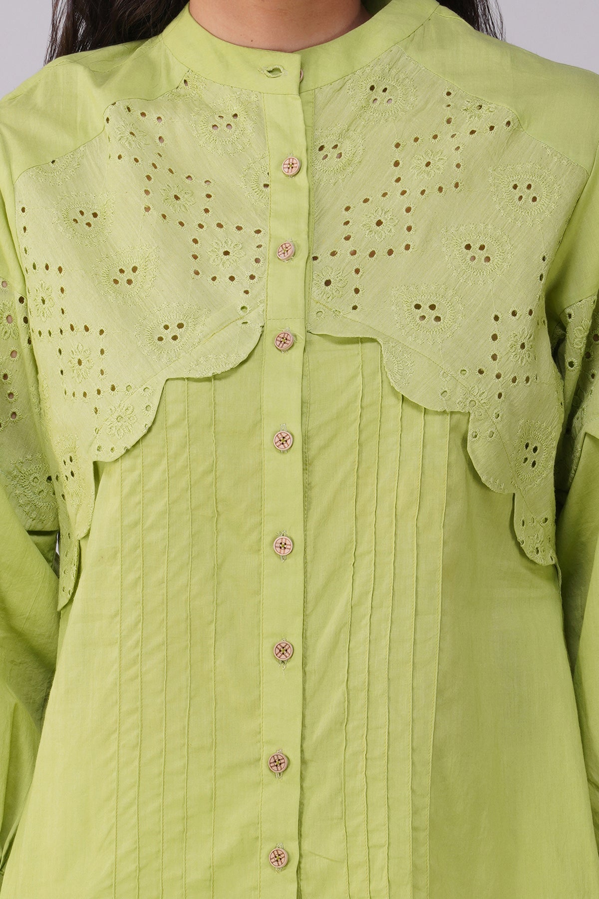 Lime Green Poplin Shirt With Schiffli Yoke