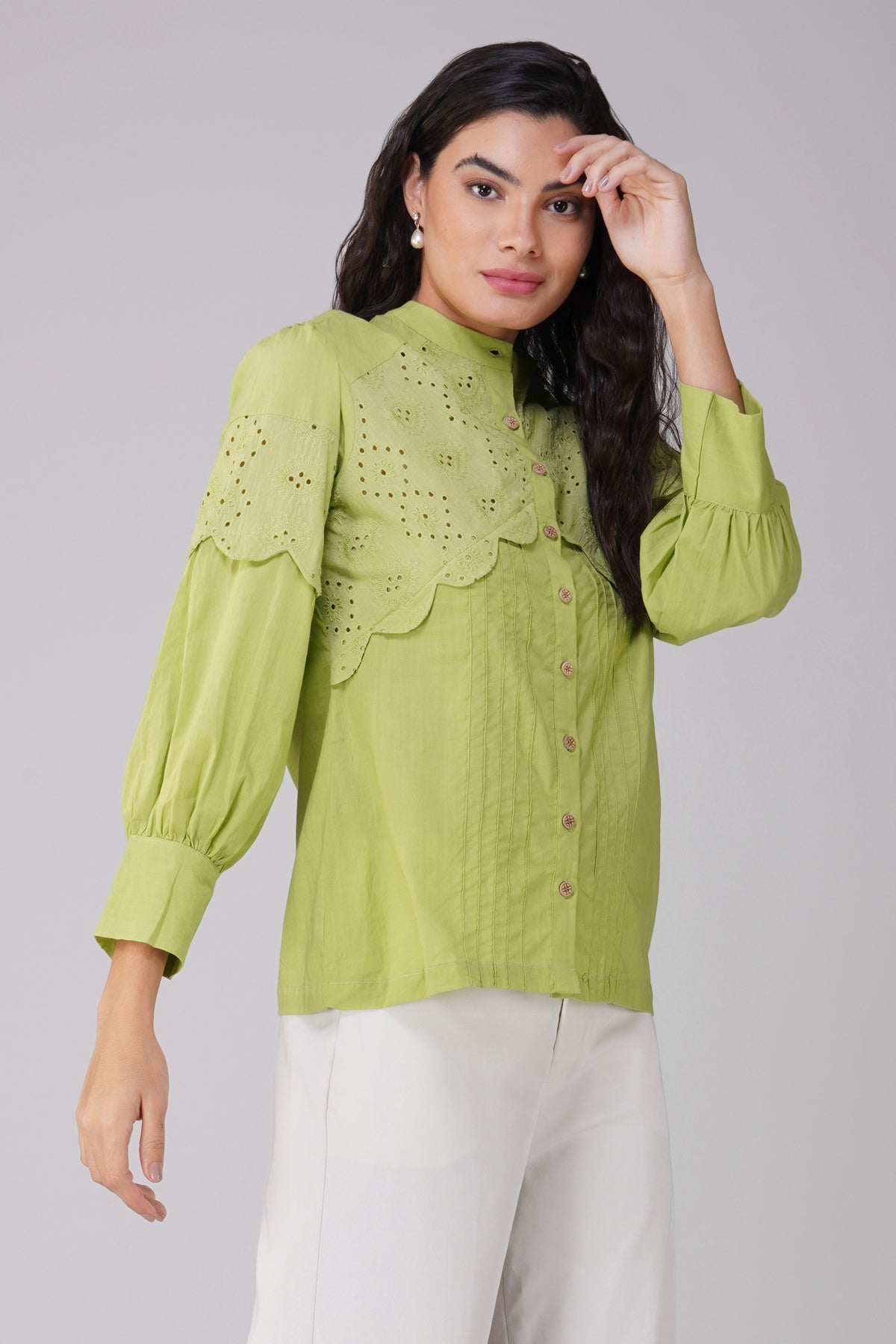 Lime Green Poplin Shirt With Schiffli Yoke