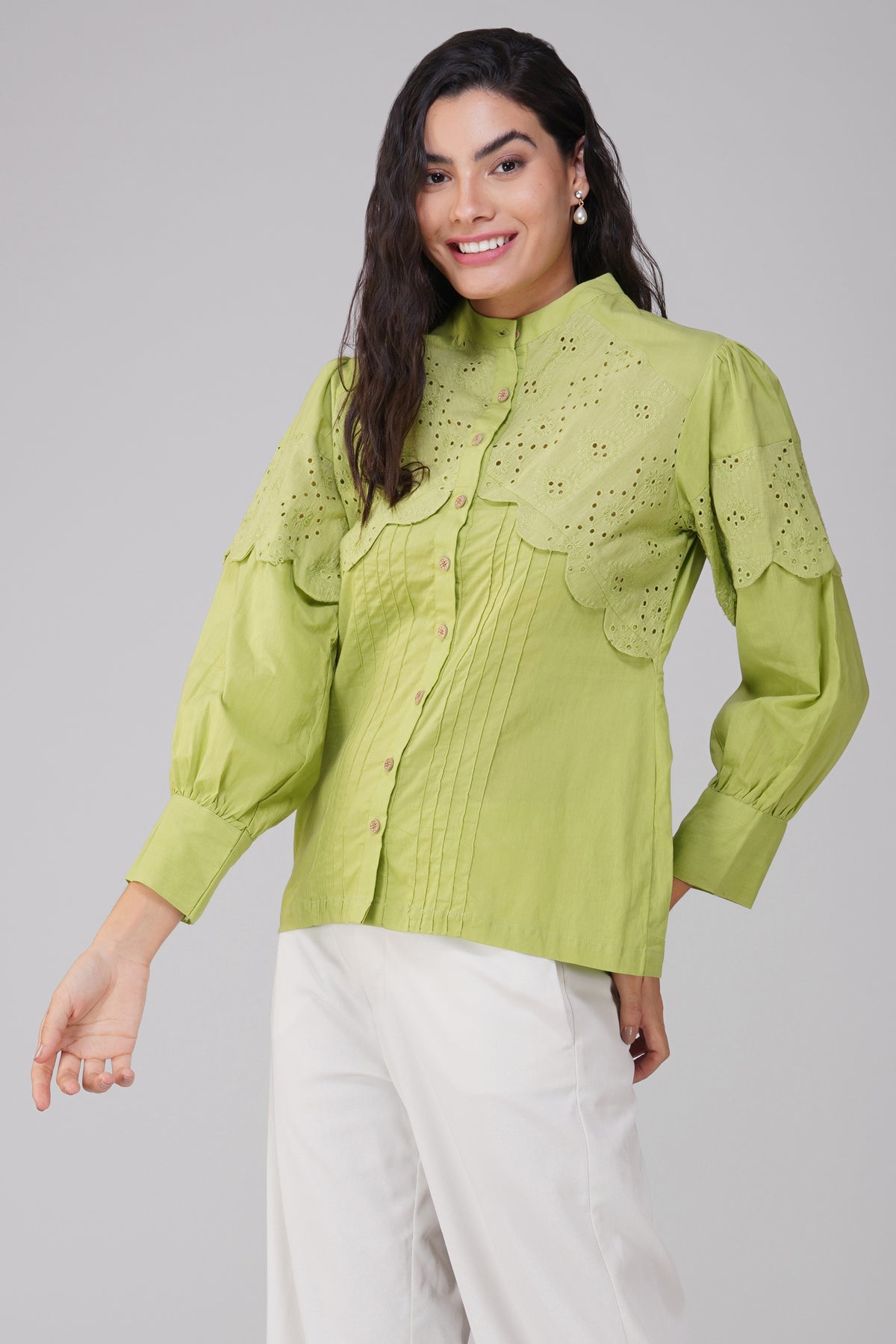 Lime Green Poplin Shirt With Schiffli Yoke